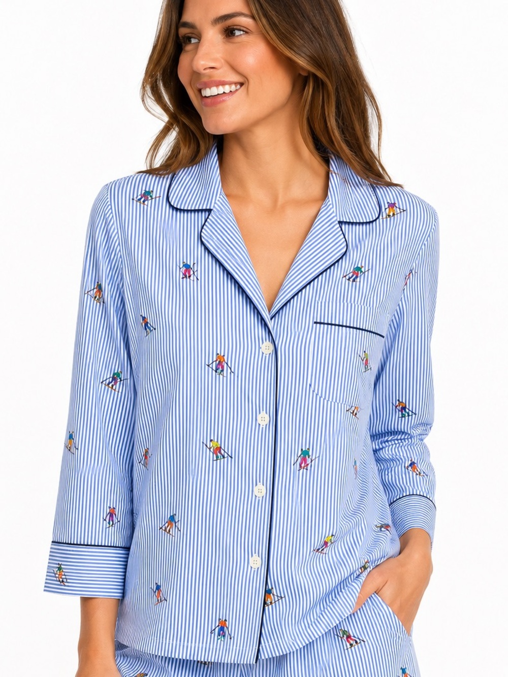 J.Crew Ski Print Cotton Pajama Top ONLY Blue White Striped Size Small Preppy